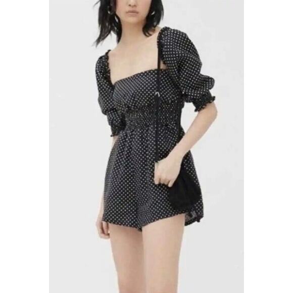 WeWoreWhat | Women | 100% Linen Black Polka Dot Smocked Short Romper | Large - Picture 16 of 16